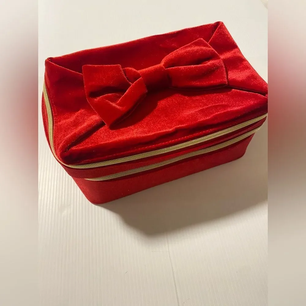 Estee Lauder Luxurious Red velvet velour bow Cosmetic makeup Case travel bag NEW